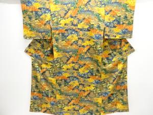 寺塔に草花模様小紋着物